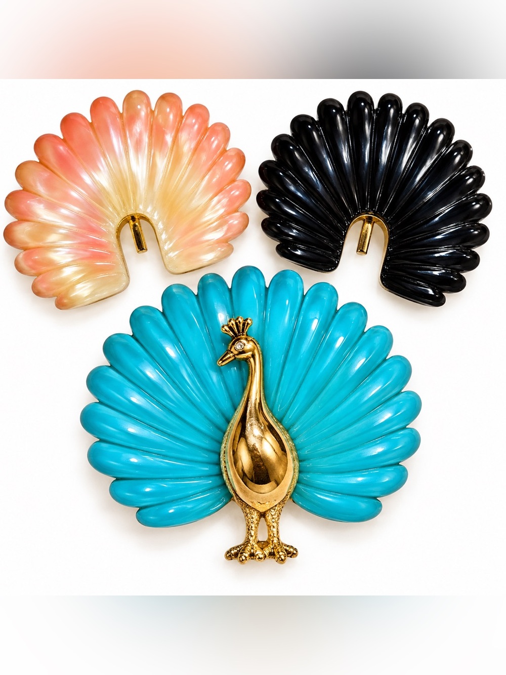 Vintage Peacock Brooch 3 Interchangeable Tails Gold Tone Figural Pin